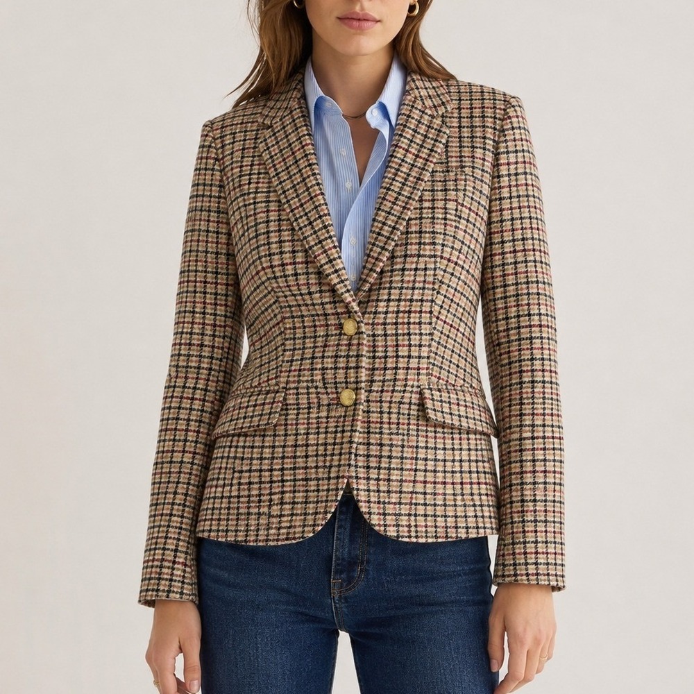 J. Crew Schoolboy Blazer 12 Tan Plaid Wool Blend Gold Crest Button Preppy Jacket - Picture 1 of 11